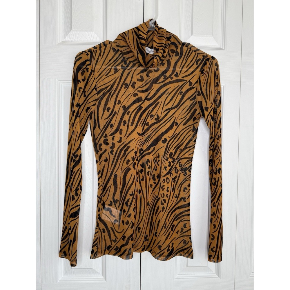 BCBG Generation Turtleneck Zebra Leopard Animal Print Sheer Form Fitting Sz S
